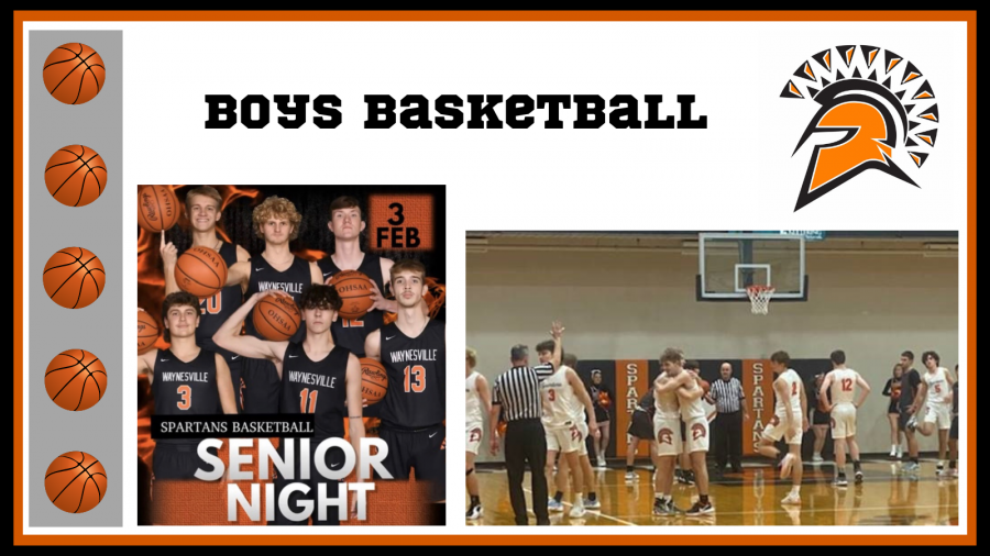 Collage with Senior Night photo with picture of Seniors on basketball team and team on court